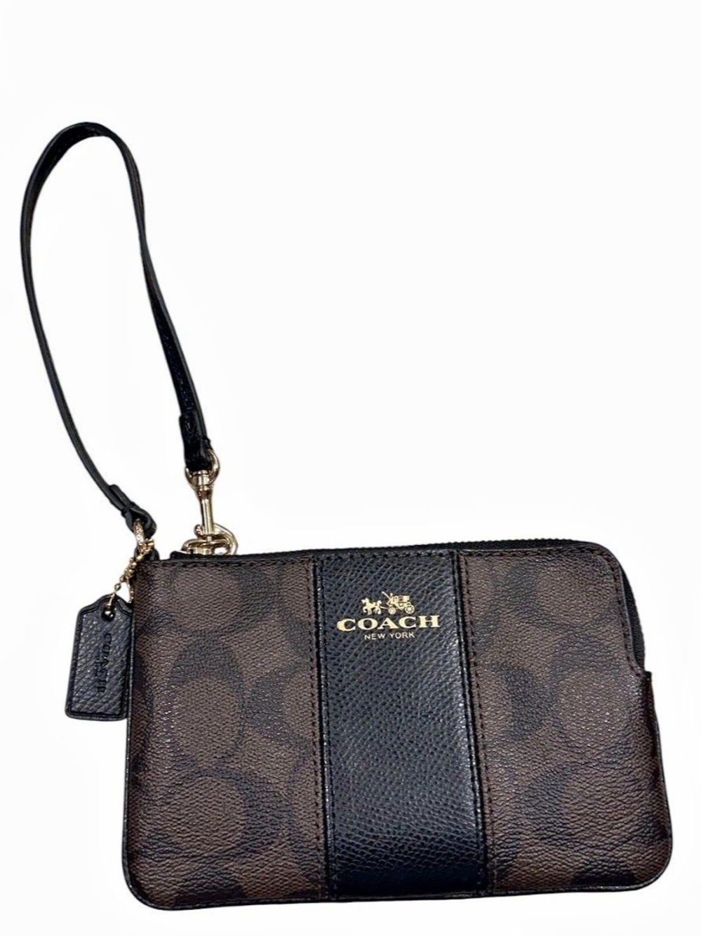 Coach Corner Zip Wristlet In Signature Canvas With Stripe Brown & Black